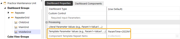 Yellow highlighted box around Template Parameter Values and Component Template Repeat Items properties